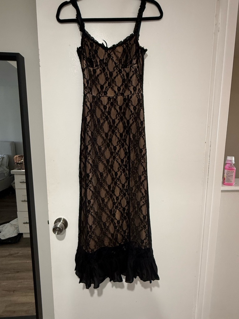 Black Lace Slip Dress with Nude Lining